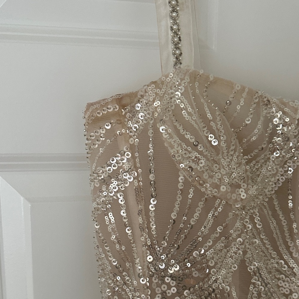Bronx and Banco Champagne Sequin Mini Dress with Feather Trim - Picture 2 of 3
